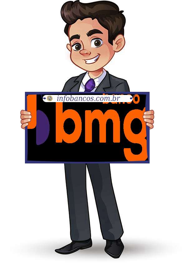 Foto do logotipo do BANCO BMG S.A. dentro de um quadro com um rapaz o segurando