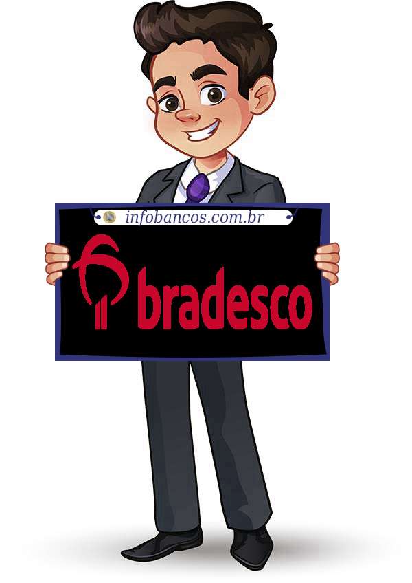 Foto do logotipo do BANCO BRADESCO S.A. dentro de um quadro com um rapaz o segurando