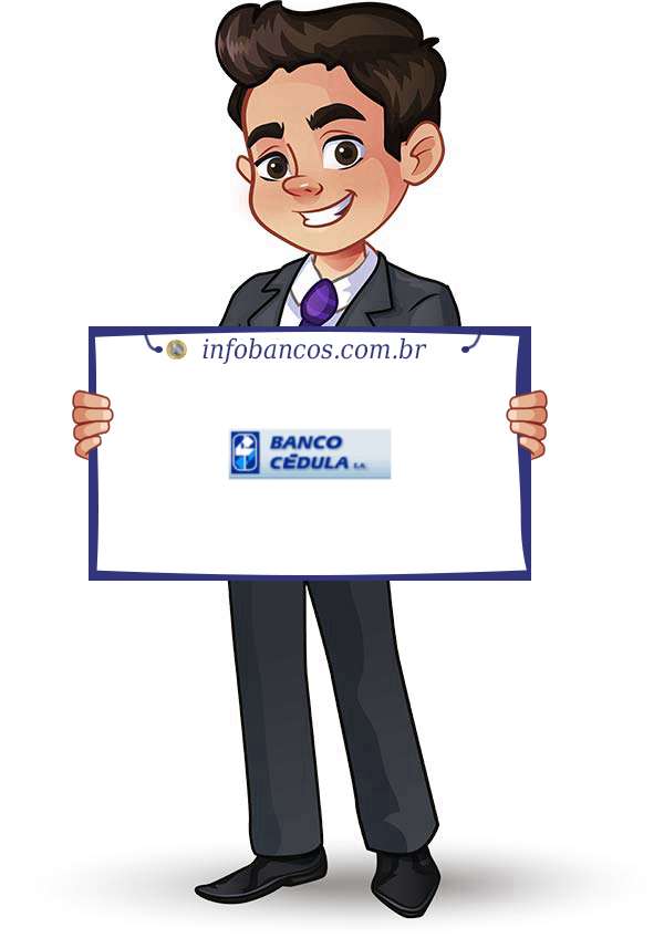 Foto do logotipo do BANCO CEDULA S.A. dentro de um quadro com um rapaz o segurando
