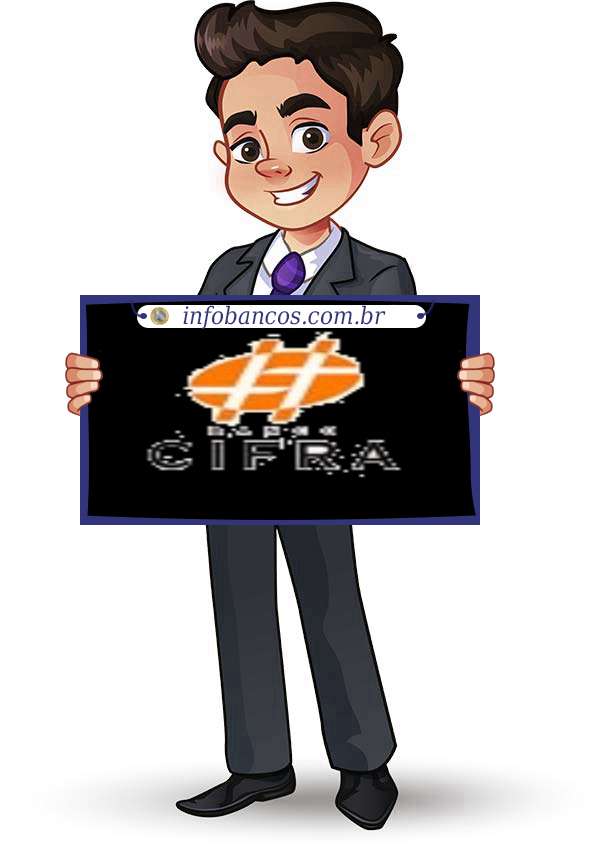 Foto do logotipo do BANCO CIFRA S.A. dentro de um quadro com um rapaz o segurando