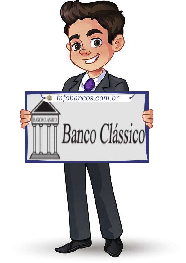 Foto do logotipo do BANCO CLASSICO S.A. dentro de um quadro com um rapaz o segurando