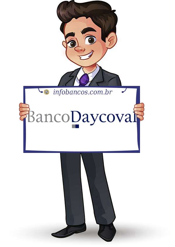 Foto do logotipo do BANCO DAYCOVAL S.A. dentro de um quadro com um rapaz o segurando