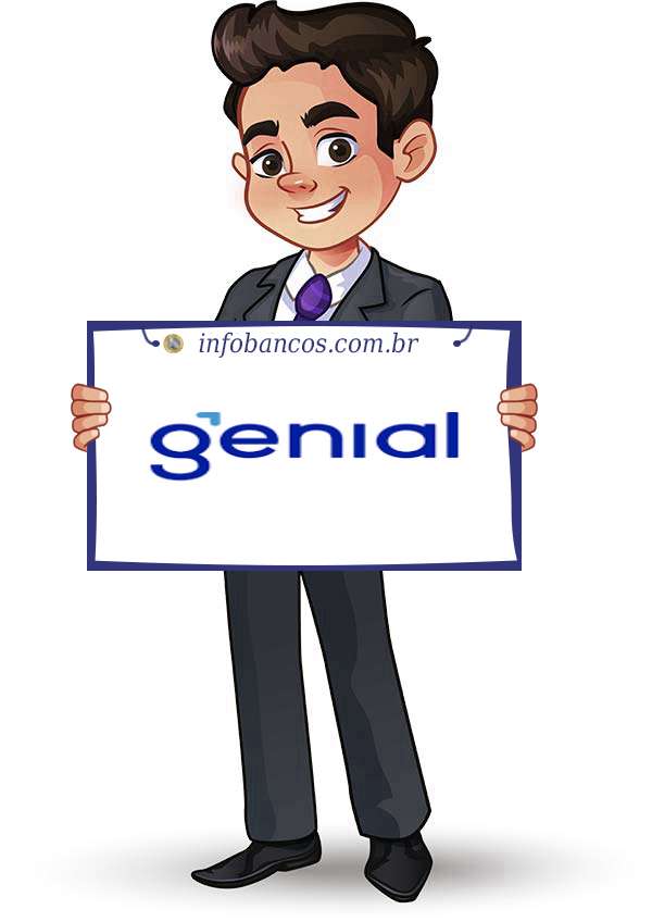 Foto do logotipo do BANCO GENIAL S.A. dentro de um quadro com um rapaz o segurando