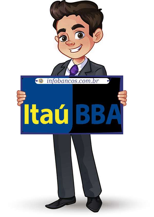 Foto do logotipo do BANCO ITAÚ BBA S.A. dentro de um quadro com um rapaz o segurando