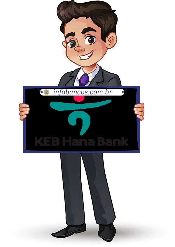 Foto do logotipo do BANCO KEB HANA DO BRASIL S.A. dentro de um quadro com um rapaz o segurando