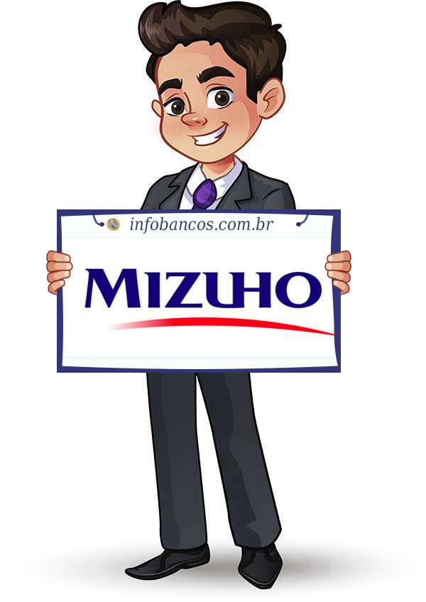 Foto do logotipo do BANCO MIZUHO DO BRASIL S.A. dentro de um quadro com um rapaz o segurando