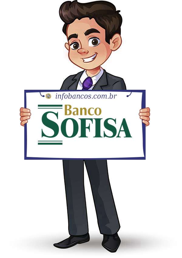 Foto do logotipo do BANCO SOFISA S.A. dentro de um quadro com um rapaz o segurando
