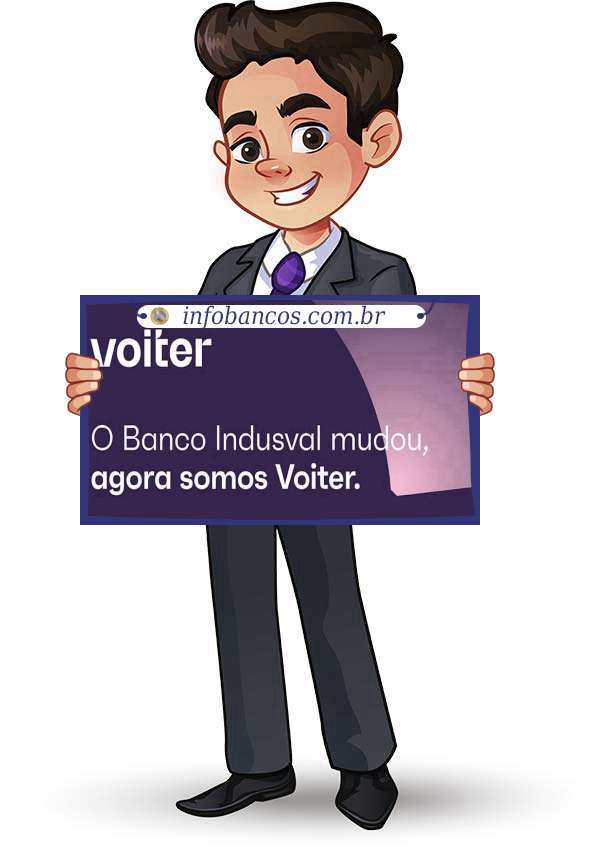 Foto do logotipo do BANCO VOITER S.A. dentro de um quadro com um rapaz o segurando