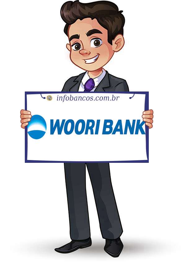 Foto do logotipo do BANCO WOORI BANK DO BRASIL S.A. dentro de um quadro com um rapaz o segurando