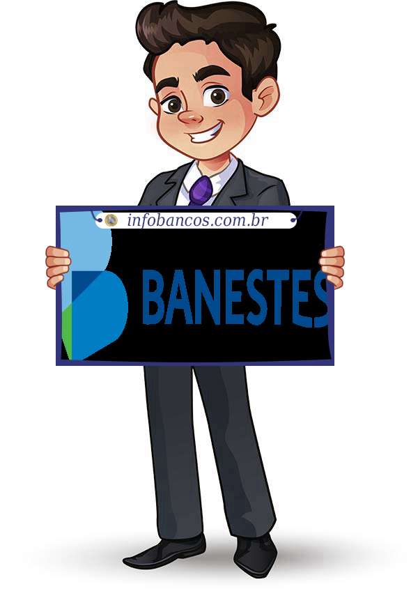 Foto do logotipo do BANESTES S.A. BANCO DO ESTADO DO ESPIRITO SANTO dentro de um quadro com um rapaz o segurando