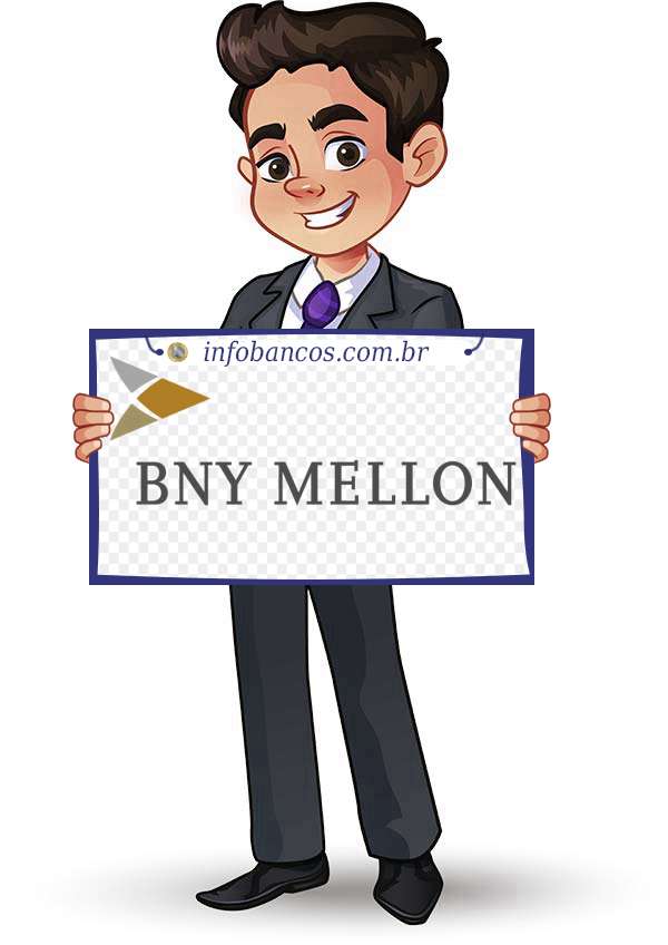 Foto do logotipo do BNY MELLON BANCO S.A. dentro de um quadro com um rapaz o segurando