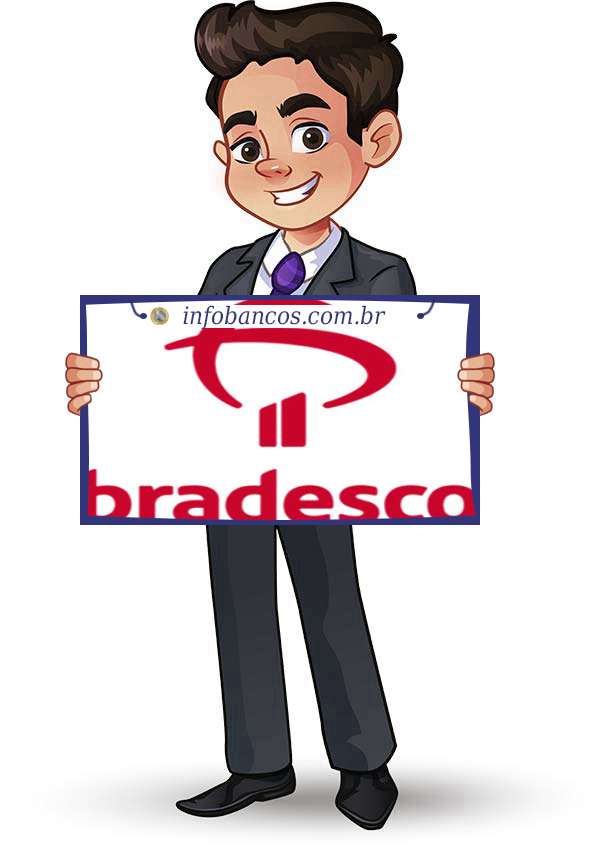 Foto do logotipo do BRADESCO S.A. CORRETORA DE TITULOS E VALORES MOBILIARIOS dentro de um quadro com um rapaz o segurando