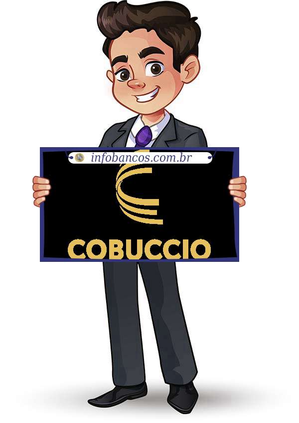 Foto do logotipo do COBUCCIO SOCIEDADE DE CRÉDITO DIRETO S.A. dentro de um quadro com um rapaz o segurando
