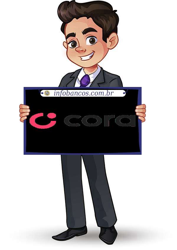 Foto do logotipo do CORA SOCIEDADE DE CRÉDITO DIRETO S.A. dentro de um quadro com um rapaz o segurando