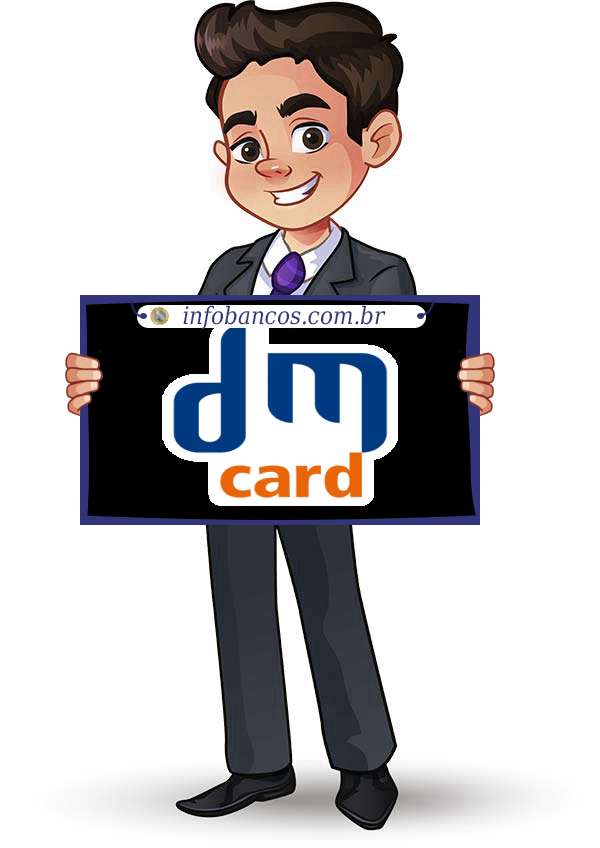 Foto do logotipo do DMCARD SOCIEDADE DE CRÉDITO DIRETO S.A. dentro de um quadro com um rapaz o segurando