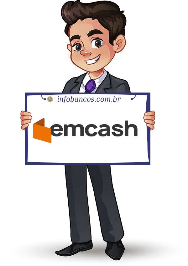 Foto do logotipo do EMCASH SERVIÇOS FINANCEIROS SOCIEDADE DE EMPRÉSTIMO ENTRE PESSOAS S.A. dentro de um quadro com um rapaz o segurando
