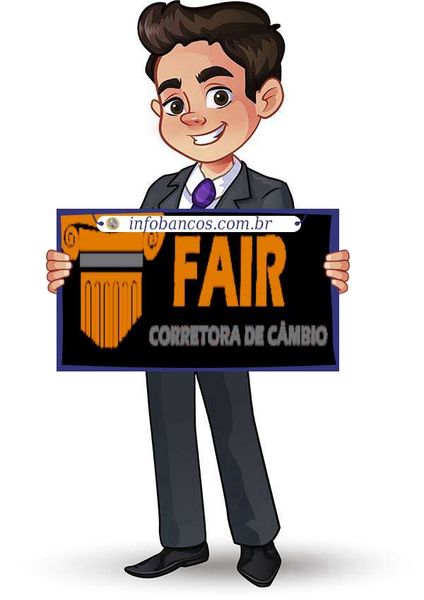Foto do logotipo do FAIR CORRETORA DE CAMBIO S.A. dentro de um quadro com um rapaz o segurando