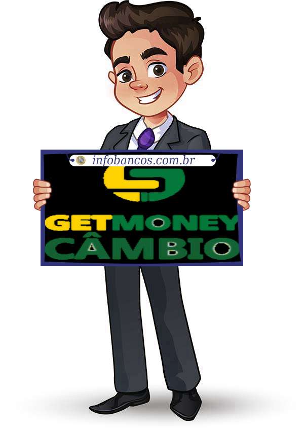 Foto do logotipo do GET MONEY CORRETORA DE CÂMBIO S.A. dentro de um quadro com um rapaz o segurando
