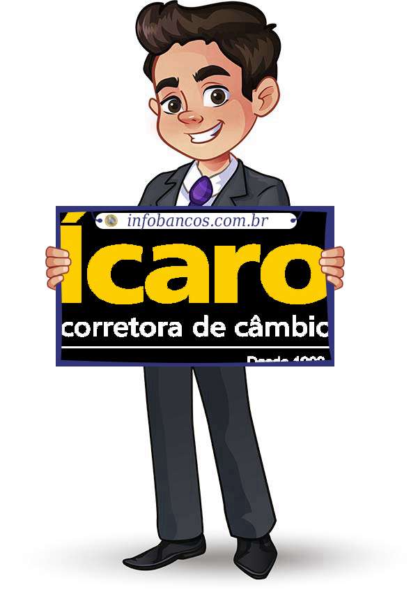 Foto do logotipo do ÍCARO CORRETORA DE CÂMBIO LTDA dentro de um quadro com um rapaz o segurando