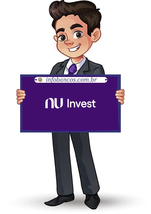 Foto do logotipo do NU INVEST CORRETORA DE VALORES S.A. dentro de um quadro com um rapaz o segurando