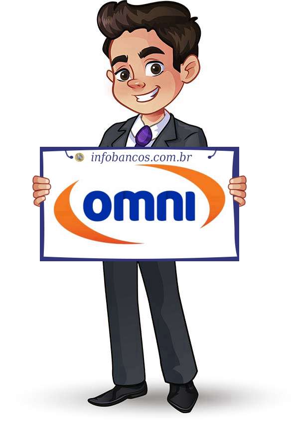 Foto do logotipo do OMNI BANCO S.A. dentro de um quadro com um rapaz o segurando