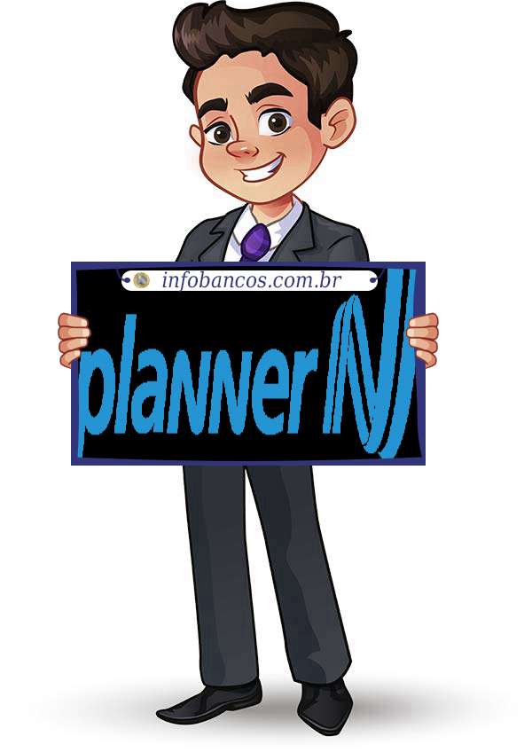Foto do logotipo do PLANNER CORRETORA DE VALORES S.A. dentro de um quadro com um rapaz o segurando