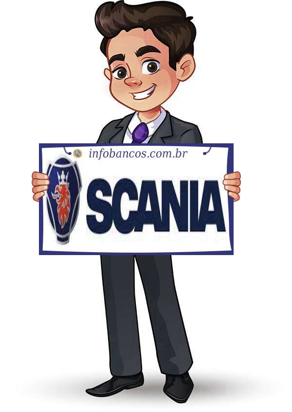 Foto do logotipo do SCANIA BANCO S.A. dentro de um quadro com um rapaz o segurando