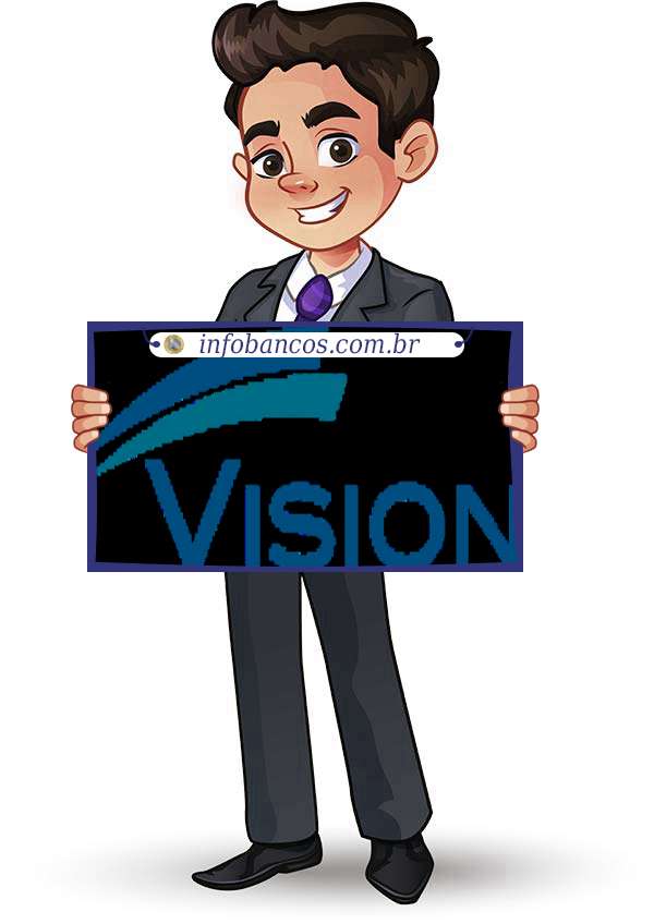 Foto do logotipo do VISION S.A. CORRETORA DE CAMBIO dentro de um quadro com um rapaz o segurando